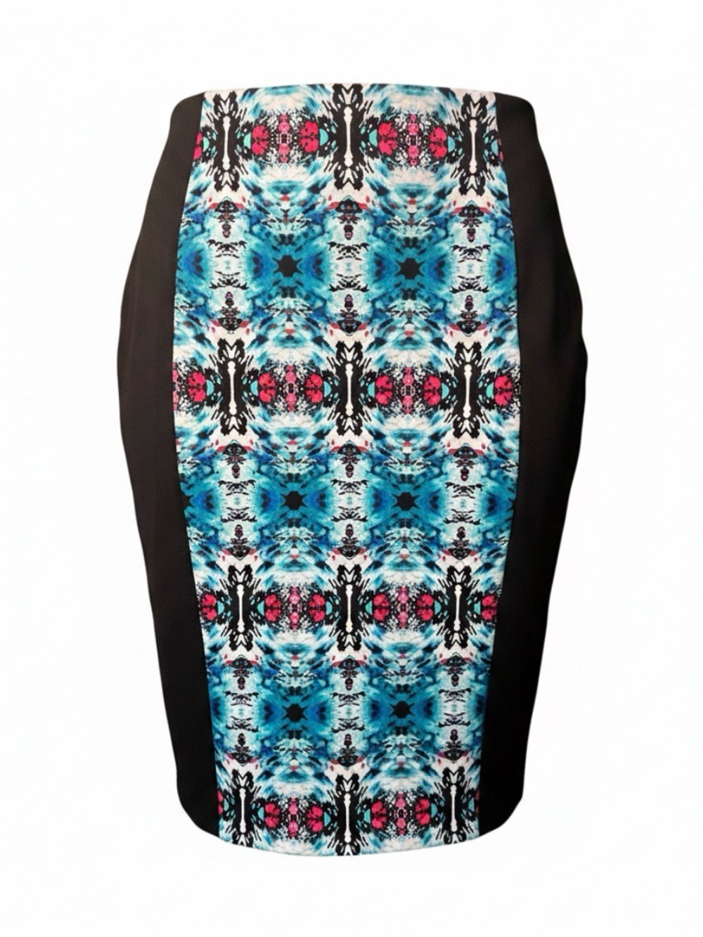 Nicole Miller Black Side-Panel Pencil Skirt with Blue and Pink Printed Center